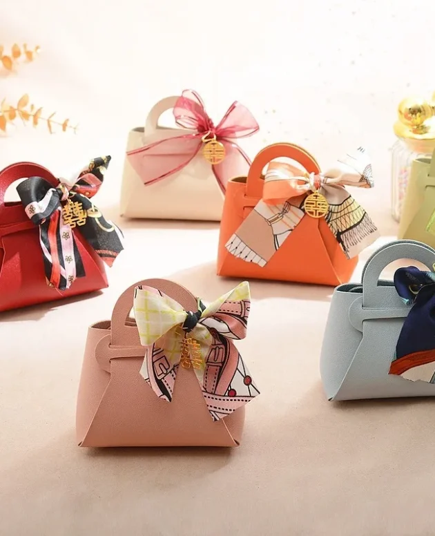5PCS Distribute Leather Pink Gift Bags Wedding Favour Bag for Guest Mini Handbag with Ribbon Candy Packaging Box Party Decor