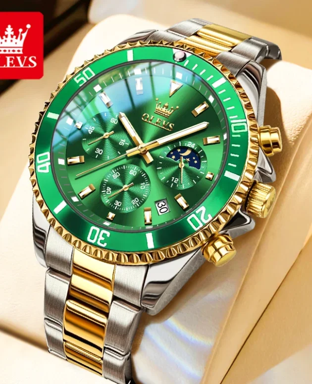 OLEVS 2870 Men's Watches Moon Phase Steel Calendar Chronograph Original Quartz Watch Big Rota Dial Luxury Sports Wristwatches