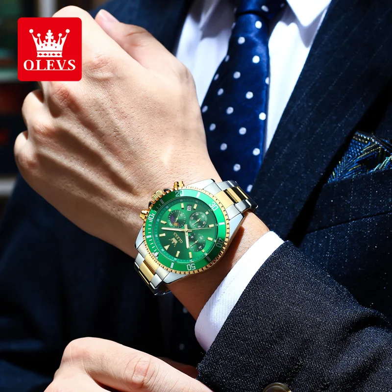 OLEVS 2870 Men's Watches Moon Phase Steel Calendar Chronograph Original Quartz Watch Big Rota Dial Luxury Sports Wristwatches - Image 3