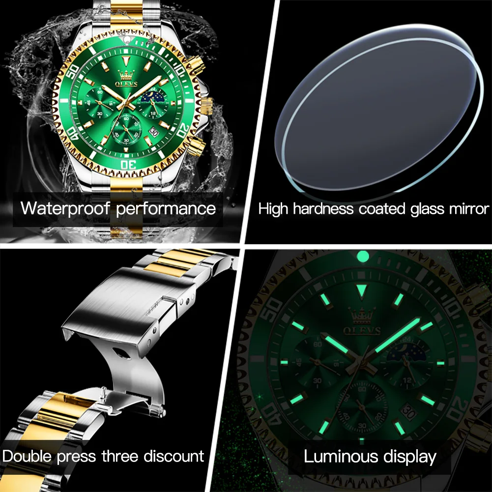 OLEVS 2870 Men's Watches Moon Phase Steel Calendar Chronograph Original Quartz Watch Big Rota Dial Luxury Sports Wristwatches - Image 6