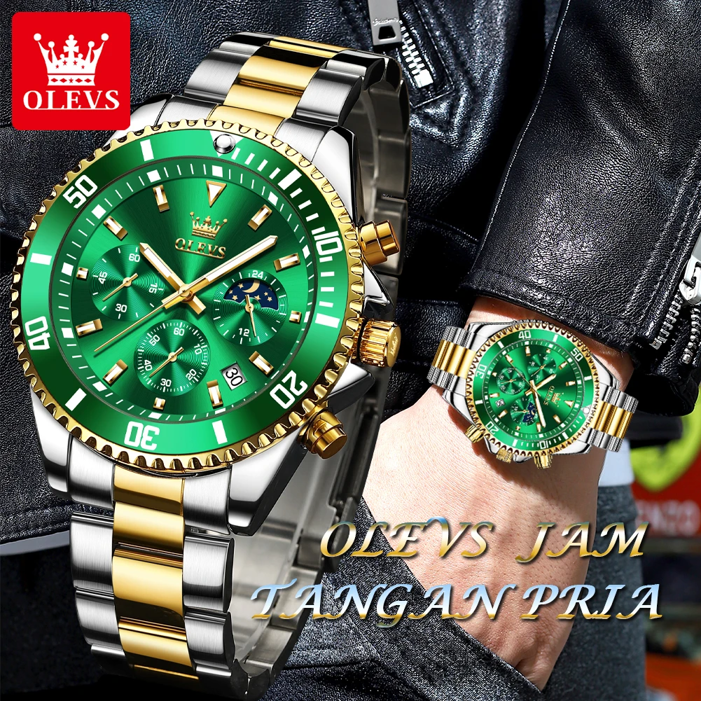 OLEVS 2870 Men's Watches Moon Phase Steel Calendar Chronograph Original Quartz Watch Big Rota Dial Luxury Sports Wristwatches - Image 5