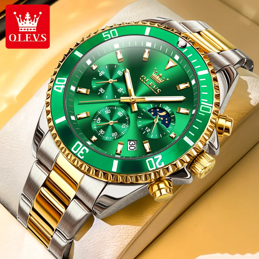 OLEVS 2870 Men's Watches Moon Phase Steel Calendar Chronograph Original Quartz Watch Big Rota Dial Luxury Sports Wristwatches - Image 4